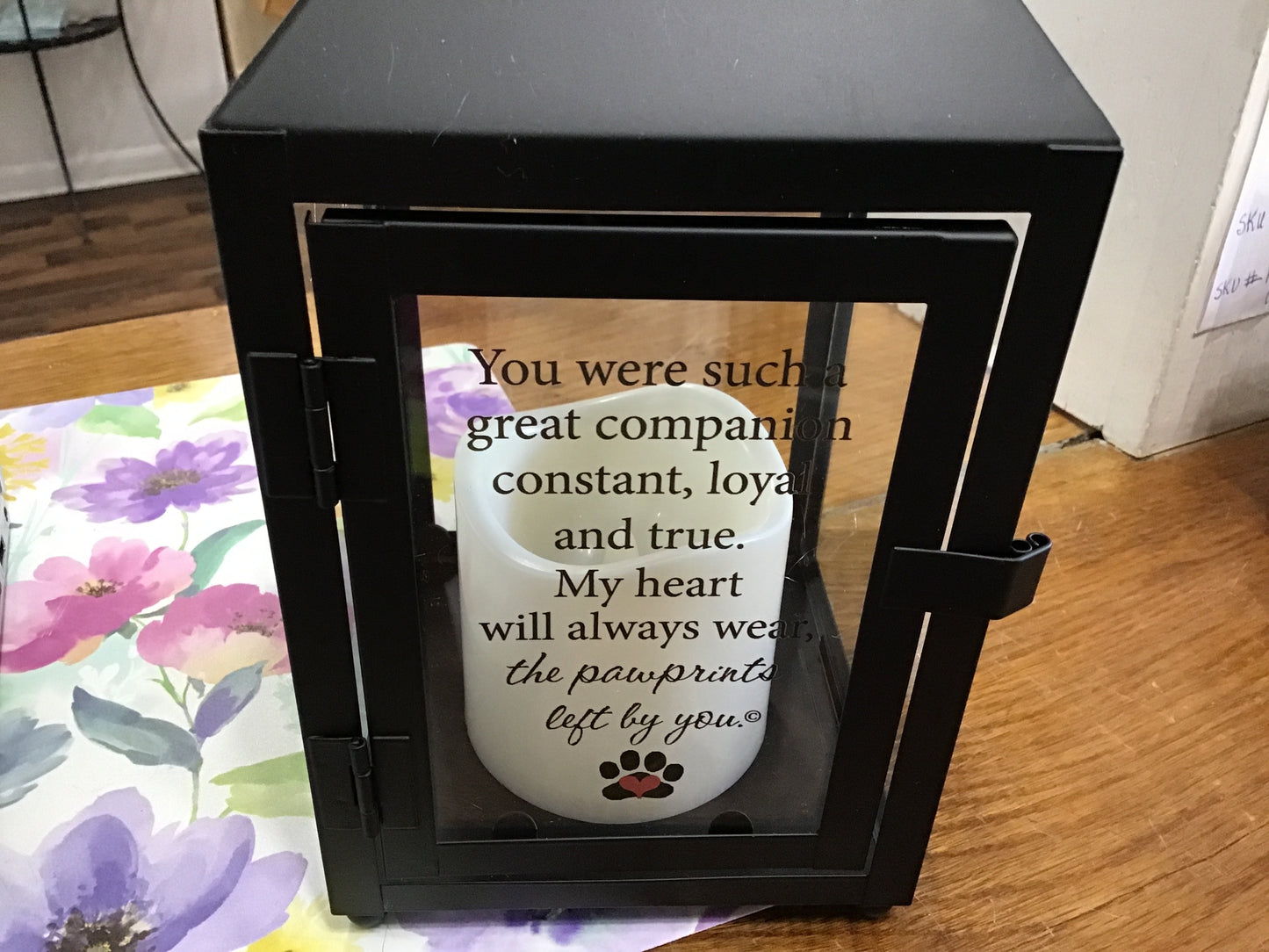 Paw prints left by you pet memorial black lantern