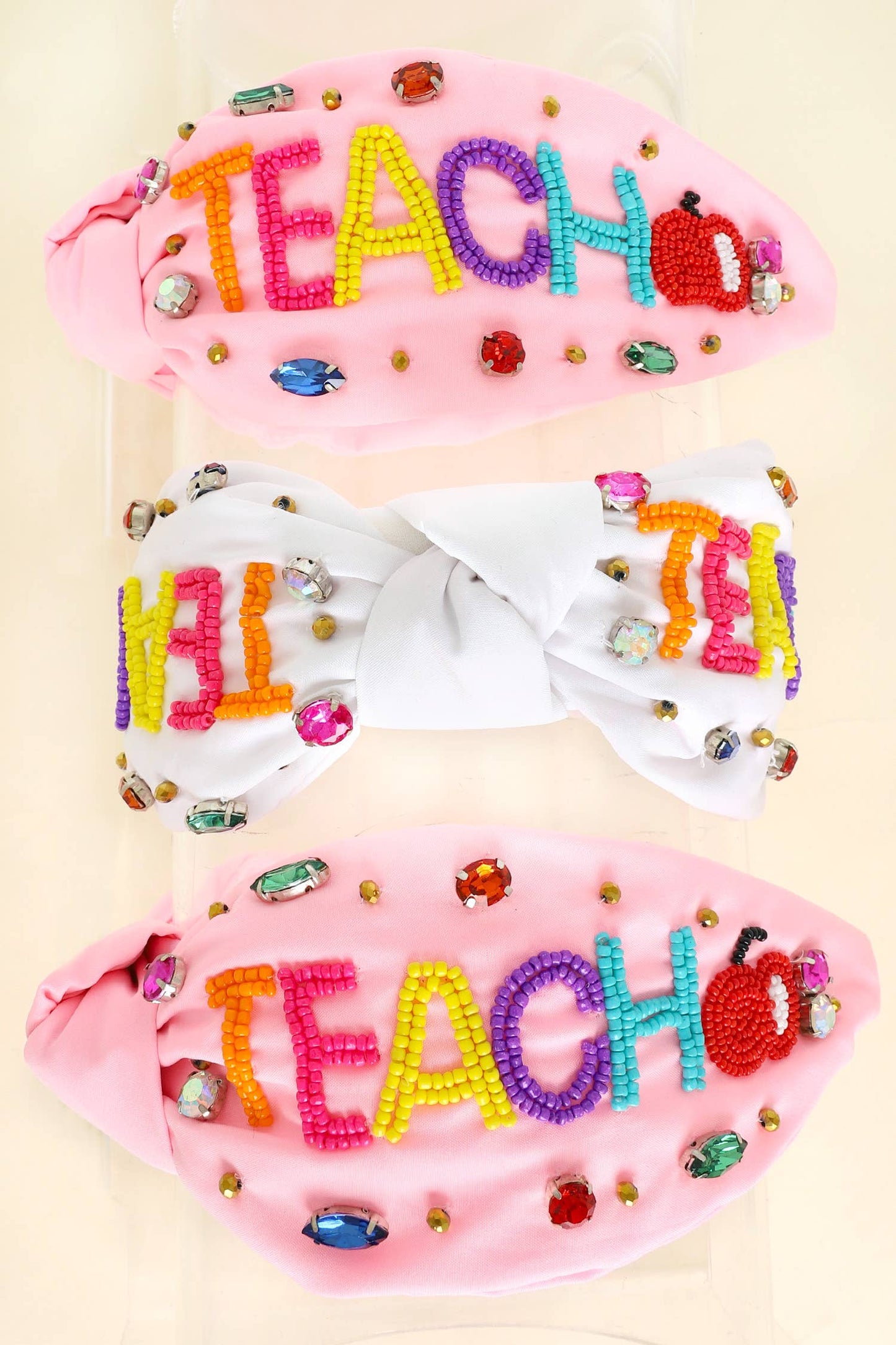 Beaded "Teach" & Apple w/ Rhinestones Knotted Headband