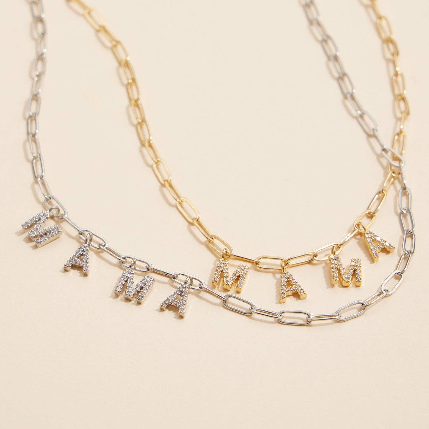 Sparkling "MAMA" Cubic Zirconia 18K Gold Charm Necklace