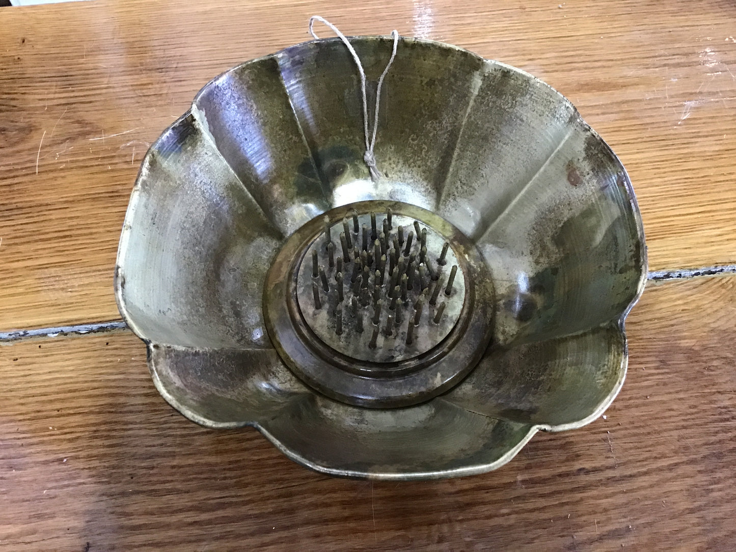 Antique gold bowl with needle point frog 3 and a half inches tall 7 inches wide