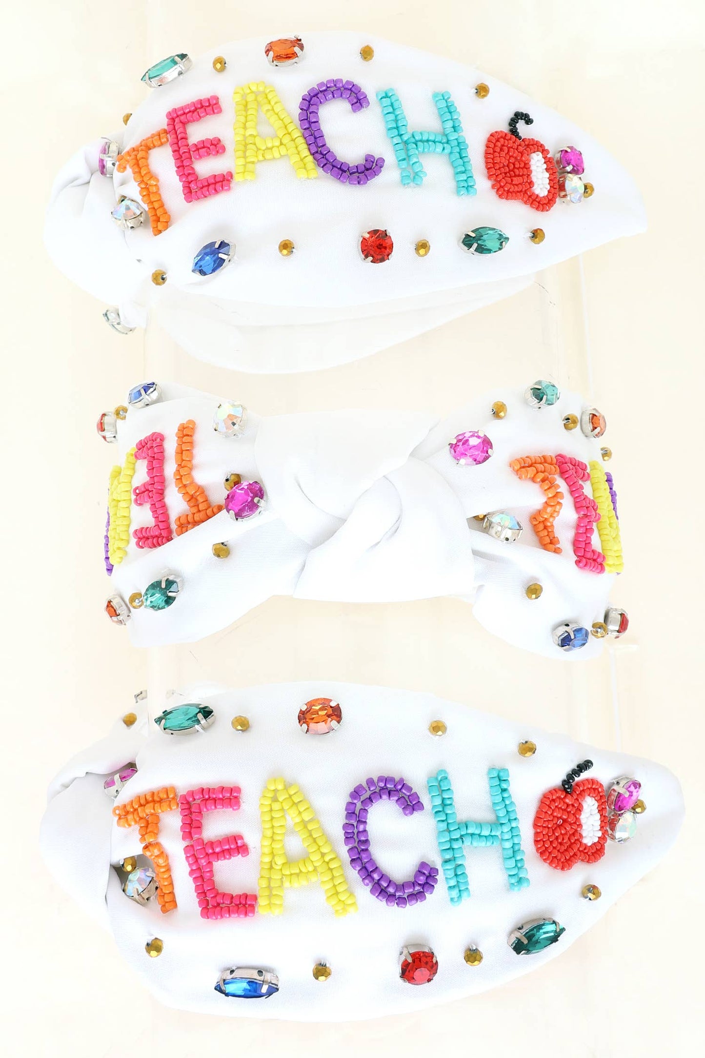 Beaded "Teach" & Apple w/ Rhinestones Knotted Headband