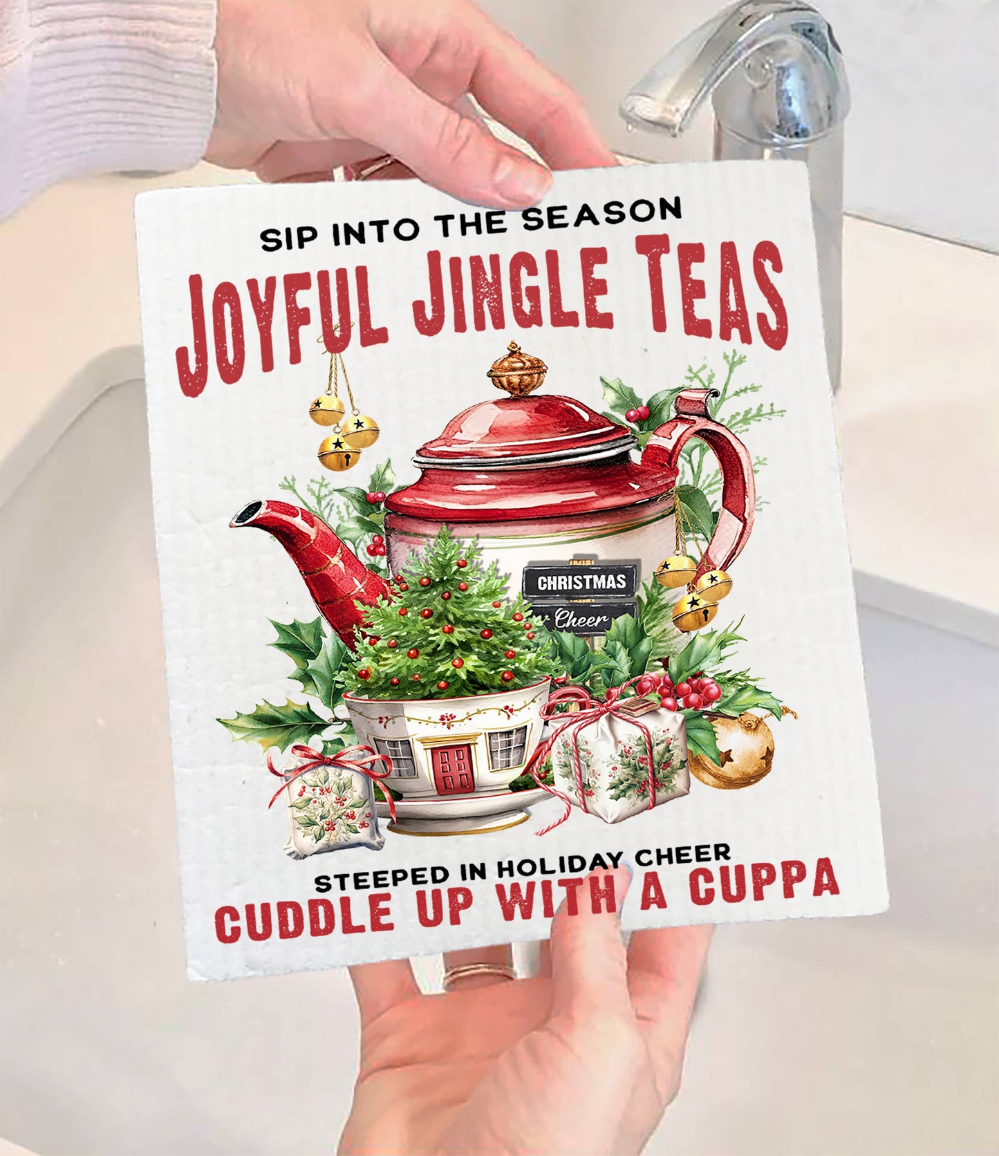 Christmas Joyful Jingle tea Pot Swedish Dishcloth