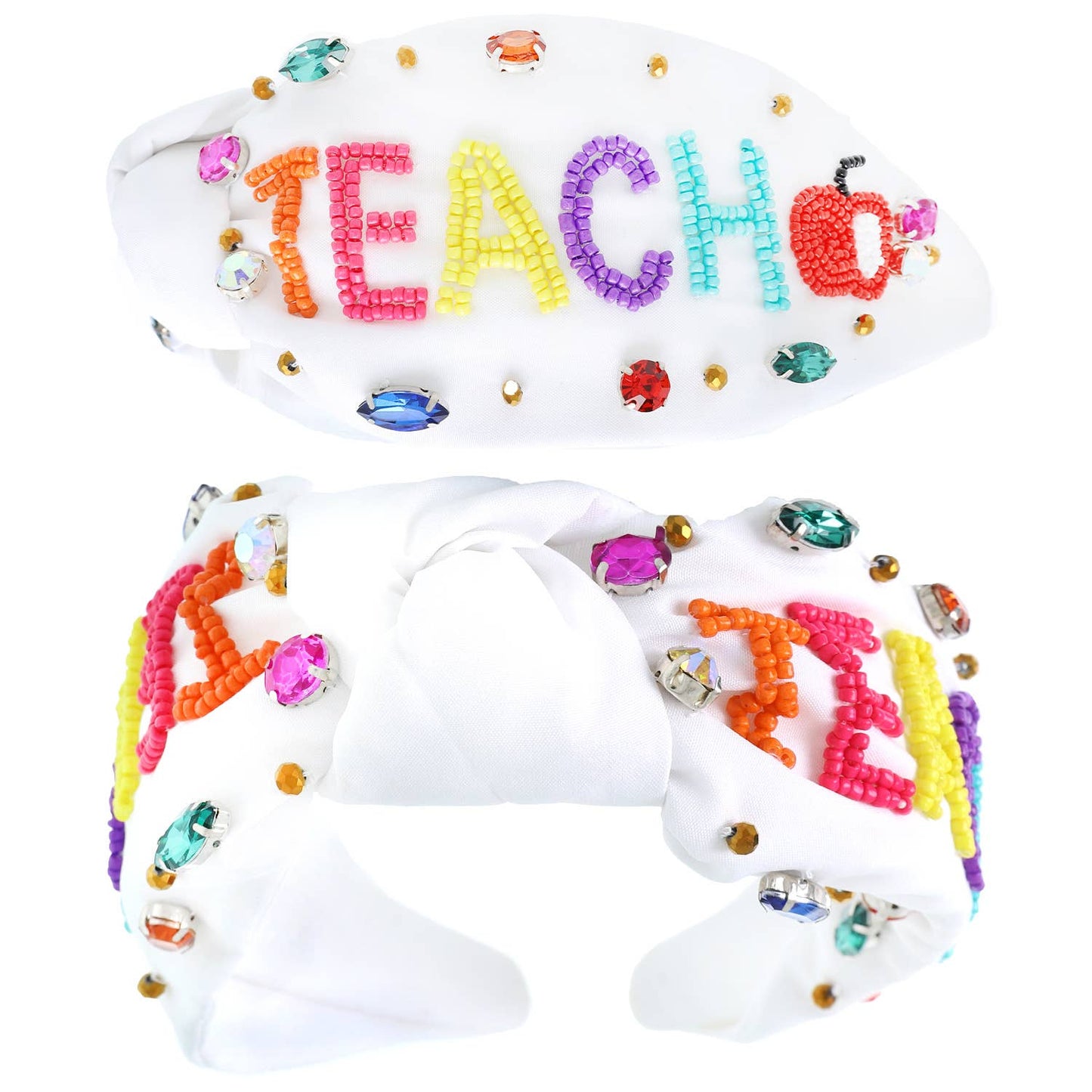 Beaded "Teach" & Apple w/ Rhinestones Knotted Headband