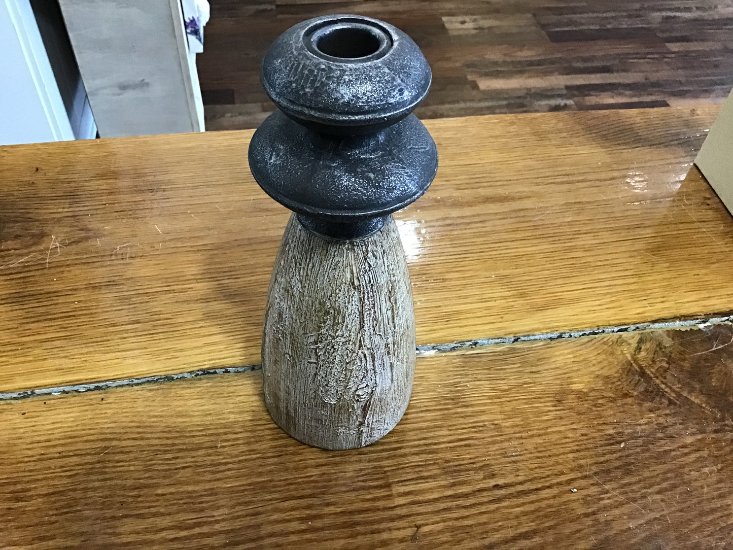 Small wood and metal candle stick 8 inches tall