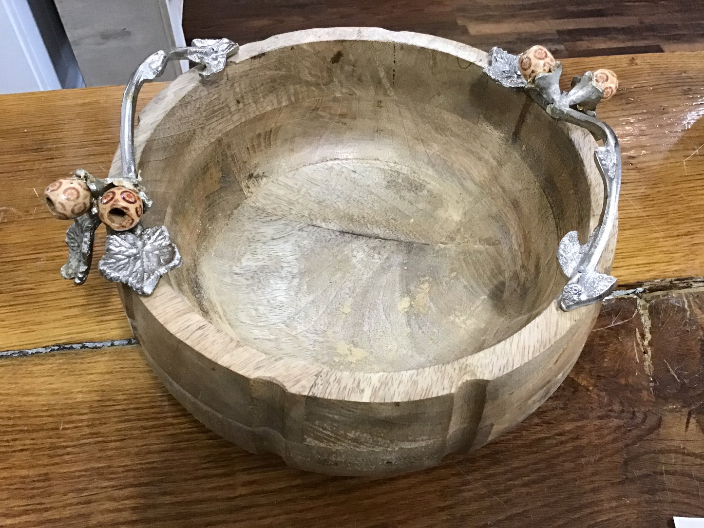 Wood bowl metal handles with acorn details 4 inches tall 10 inches wide