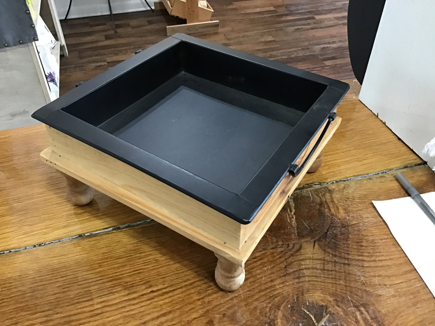Wood and metal tray 5 inches tall 10 inches wide