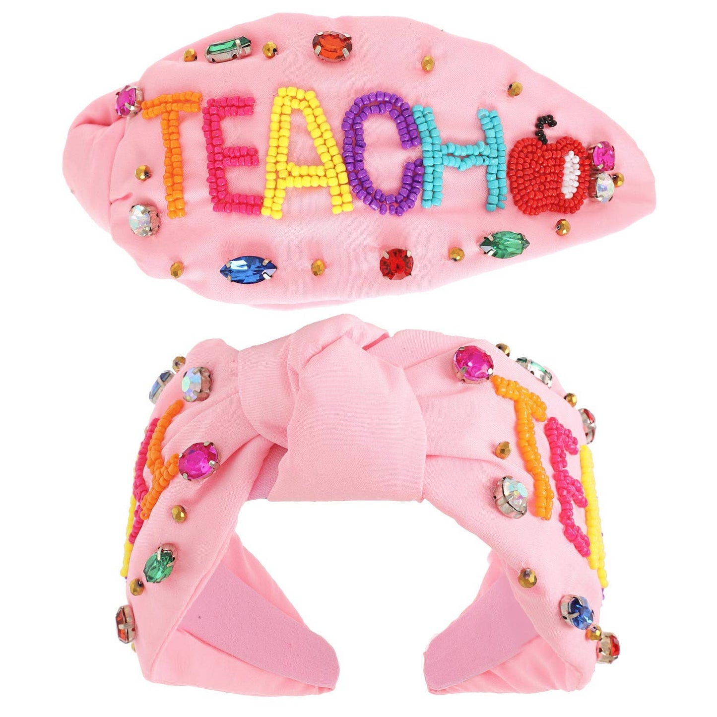 Beaded "Teach" & Apple w/ Rhinestones Knotted Headband