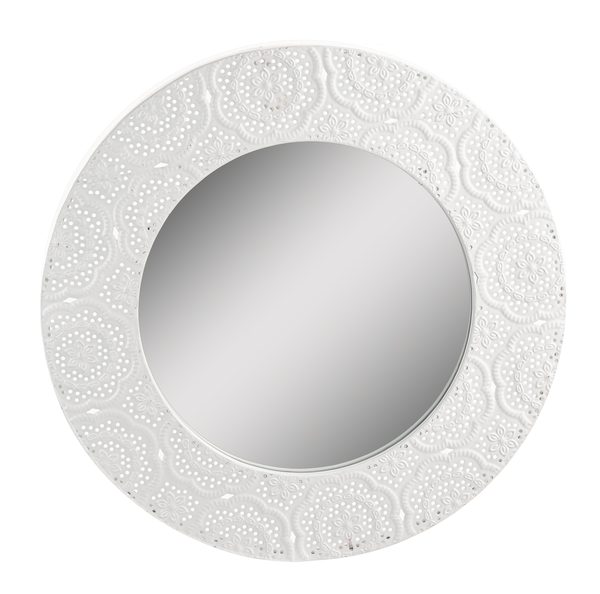 White Stamped Metal Filigree Round Wall Mirror