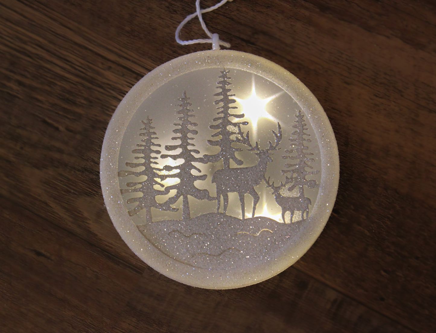 Light-Up Deer and Trees White Glitter Christmas Ornament