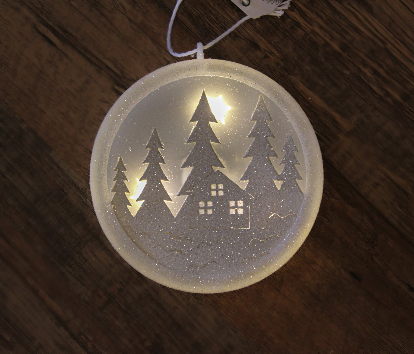 Light-Up House and Trees White Glitter Christmas Ornament