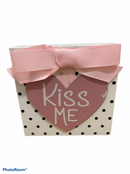 Kiss Me Wood Valentine Box Sign with 3D Lift Heart and Bow