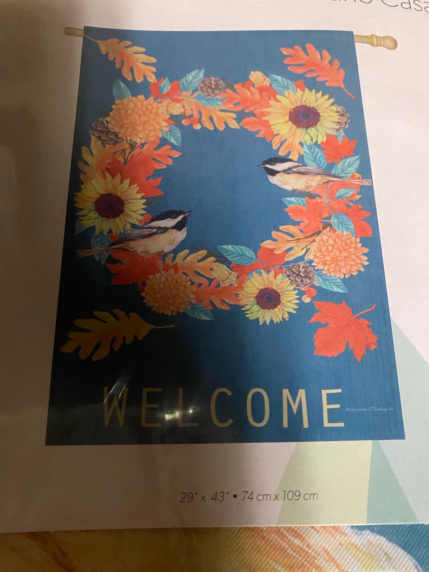 Fall chickadee wreath house suede Flag