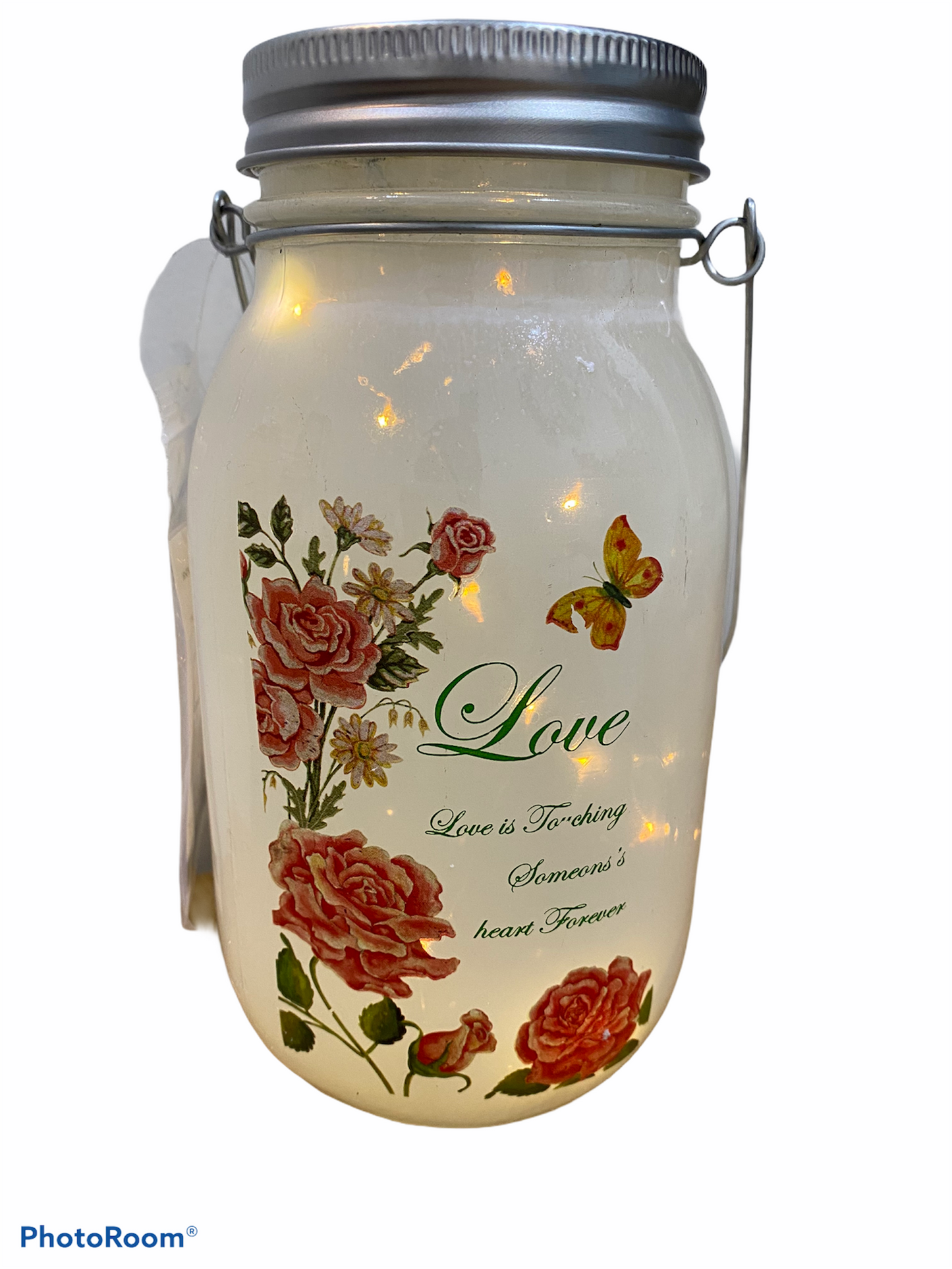 Love Roses and Butterflies Lighted Frosted Glass Jar Home Decor