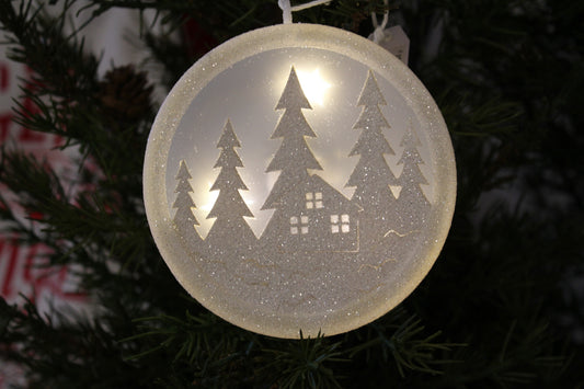 Light-Up House and Trees White Glitter Christmas Ornament