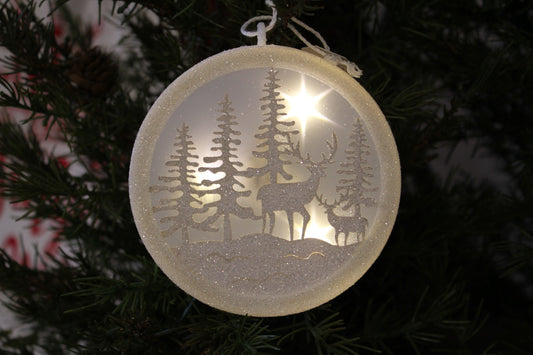 Light-Up Deer and Trees White Glitter Christmas Ornament