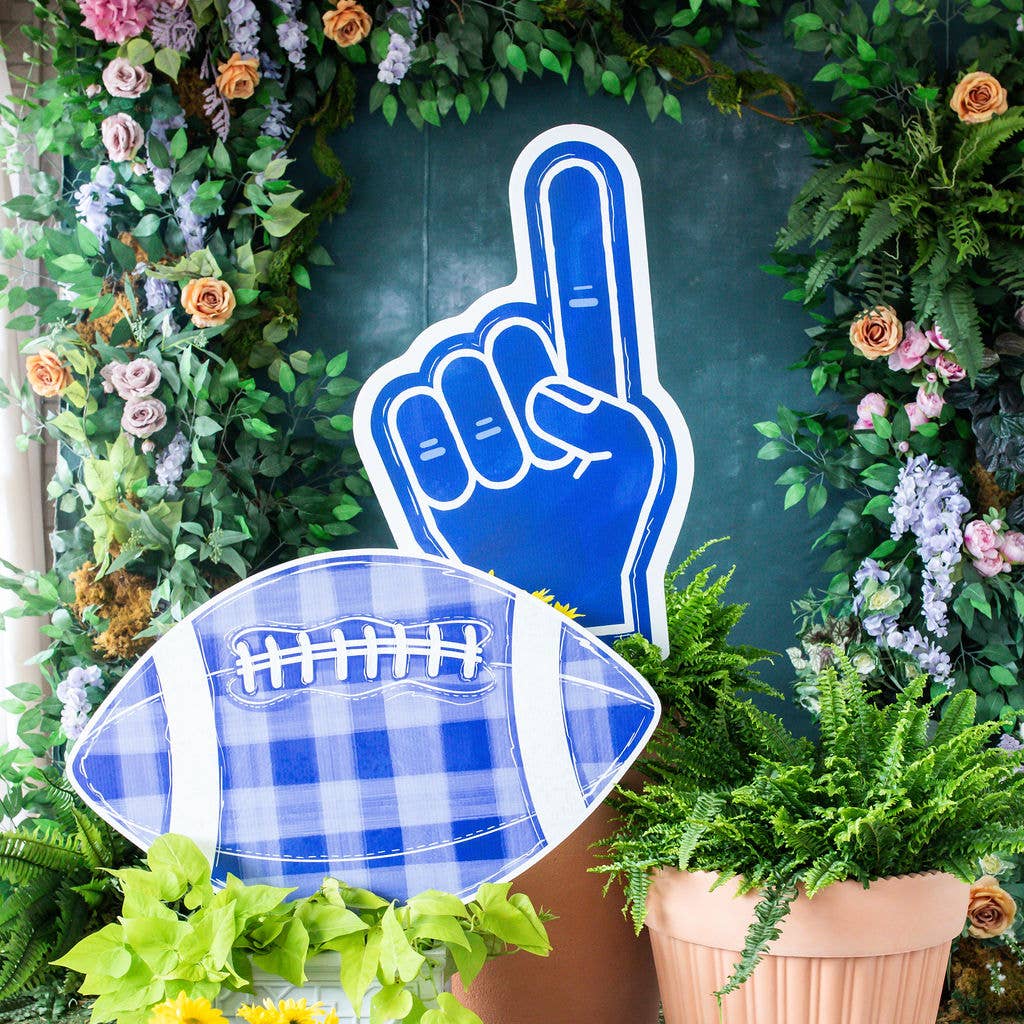 Customizable Blue Gingham Football Garden Stake
