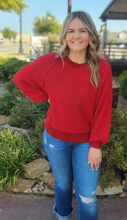 Red balloon sleeve sweater