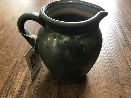 Aged olive dipped glazed pottery flower pitcher vase small
