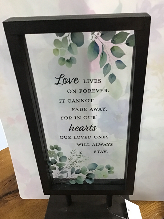 Memorial table top decor love lives on forever 13 inches tall 5 inches wide made of wood and glass