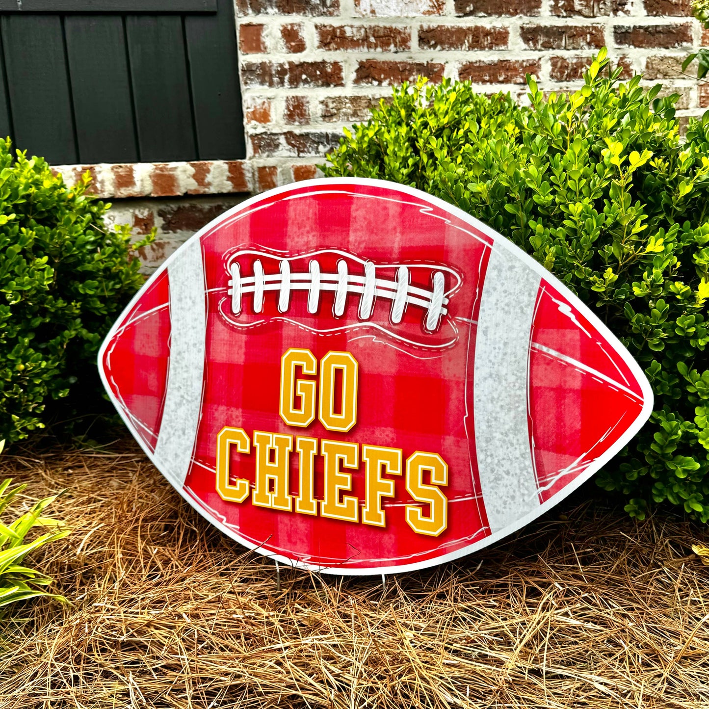 Go Chiefs Red Gingham Football Garden Stake