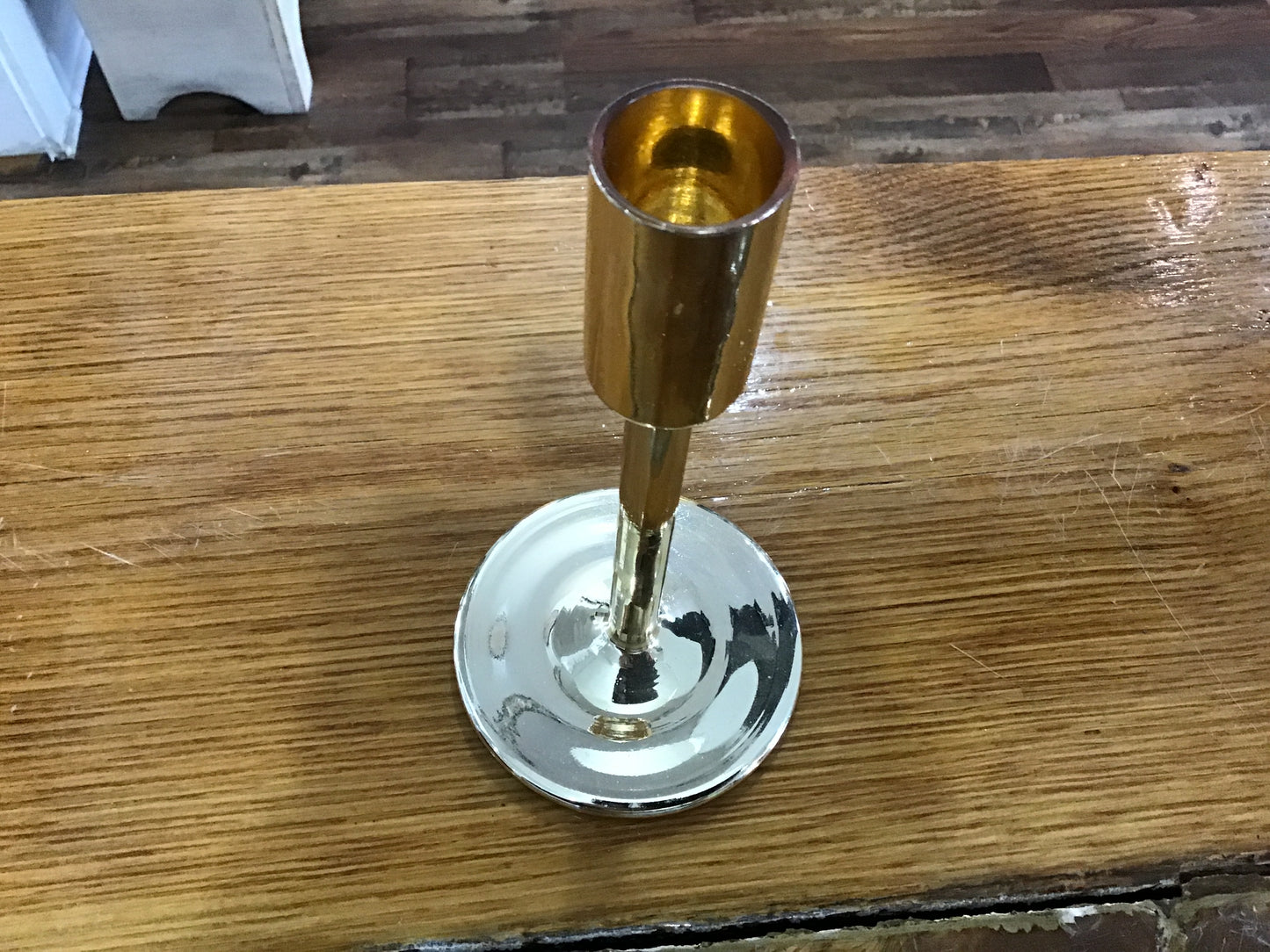 Gold tone glass candlestick 7 inches tall