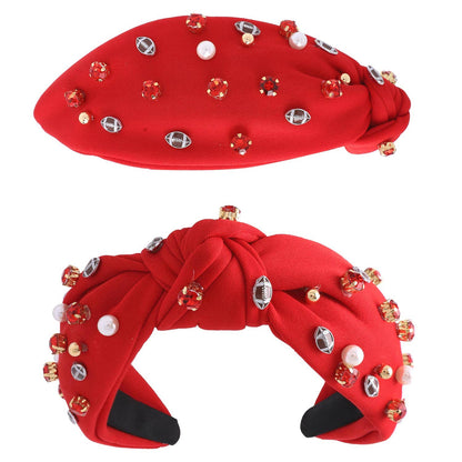 Jeweled & Pearl Beaded w/ Football Charms Knotted Headband