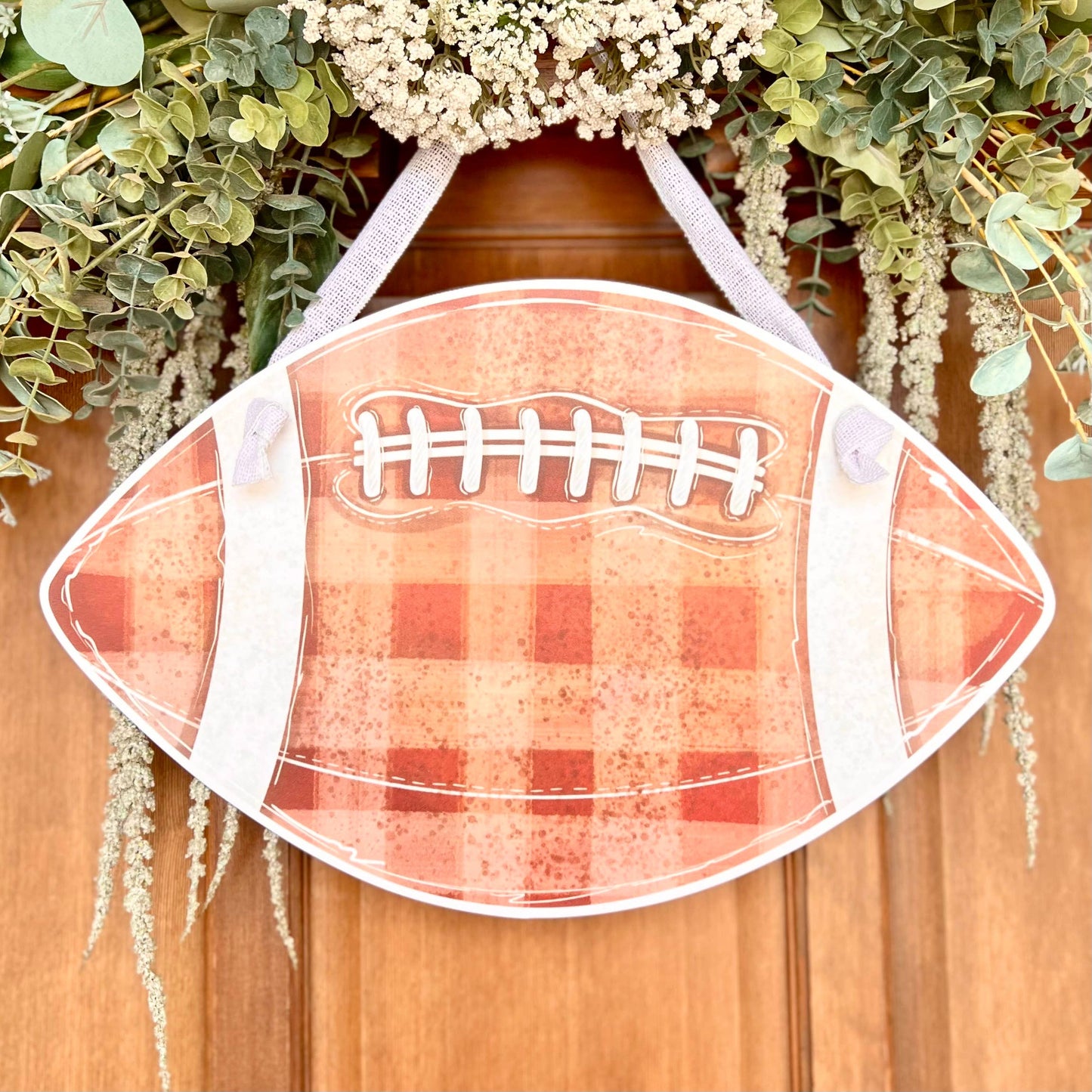 Customizable Brown Gingham Football Door Hanger