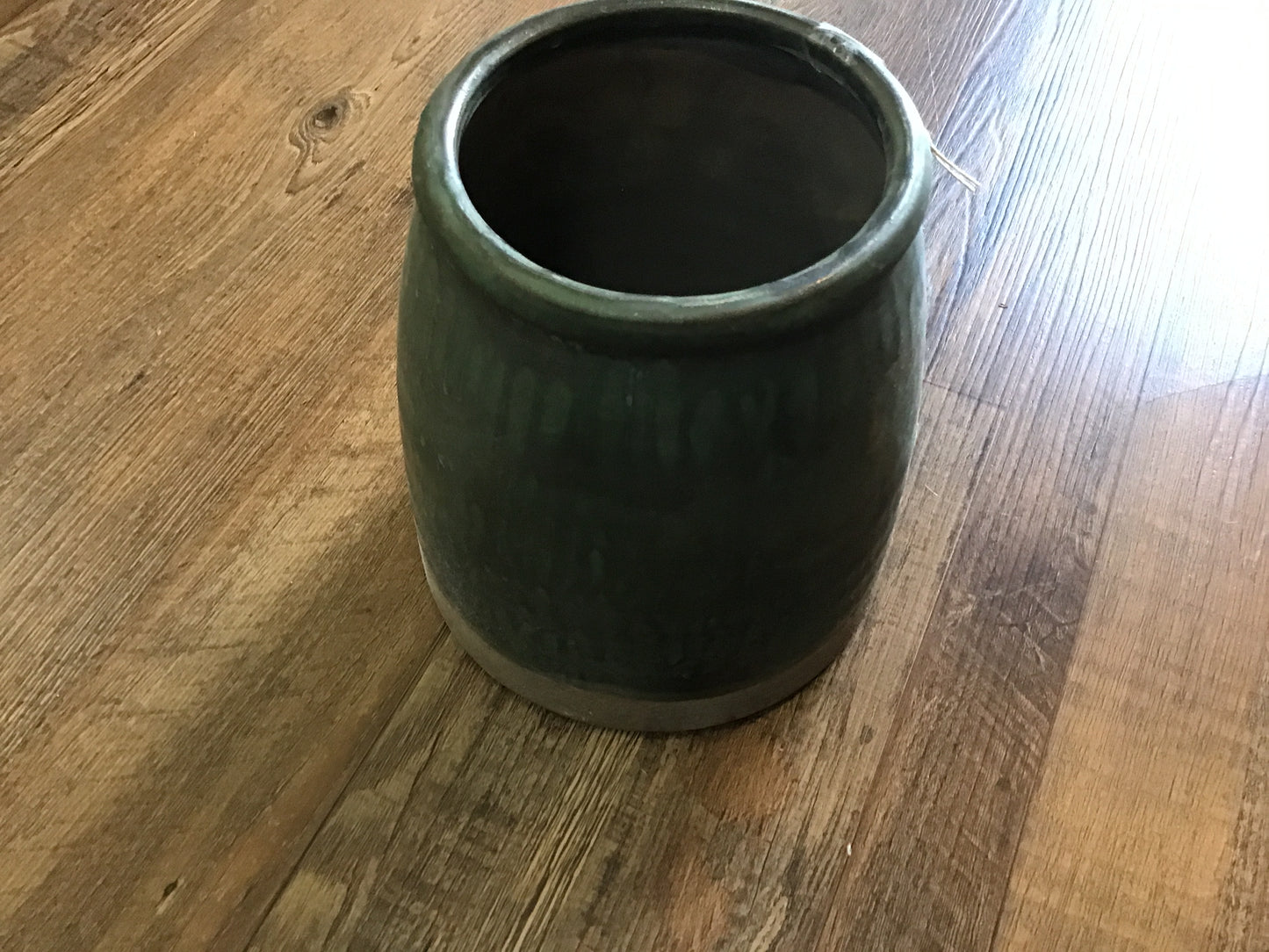 Aged olive dripped glazed pottery butterchurn vase
