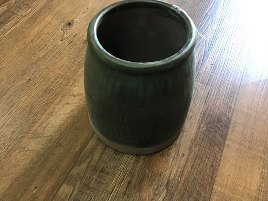 Aged olive dripped glazed pottery butterchurn vase