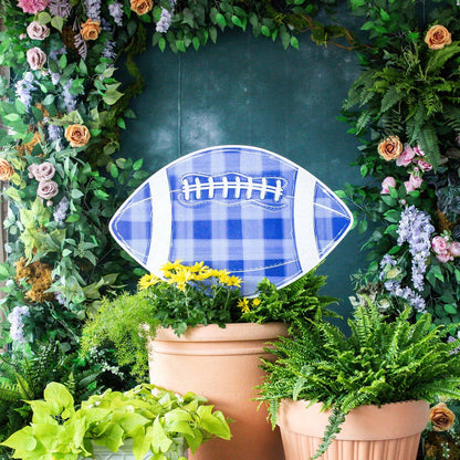 Customizable Blue Gingham Football Garden Stake