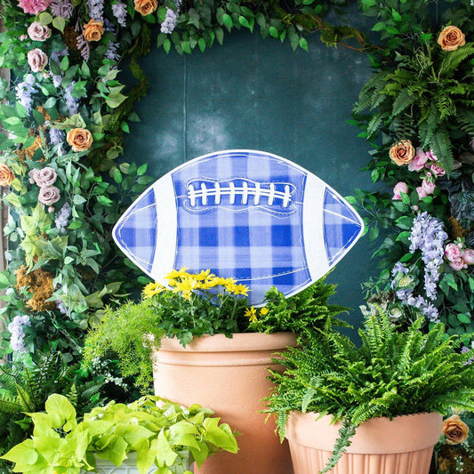 Customizable Blue Gingham Football Garden Stake