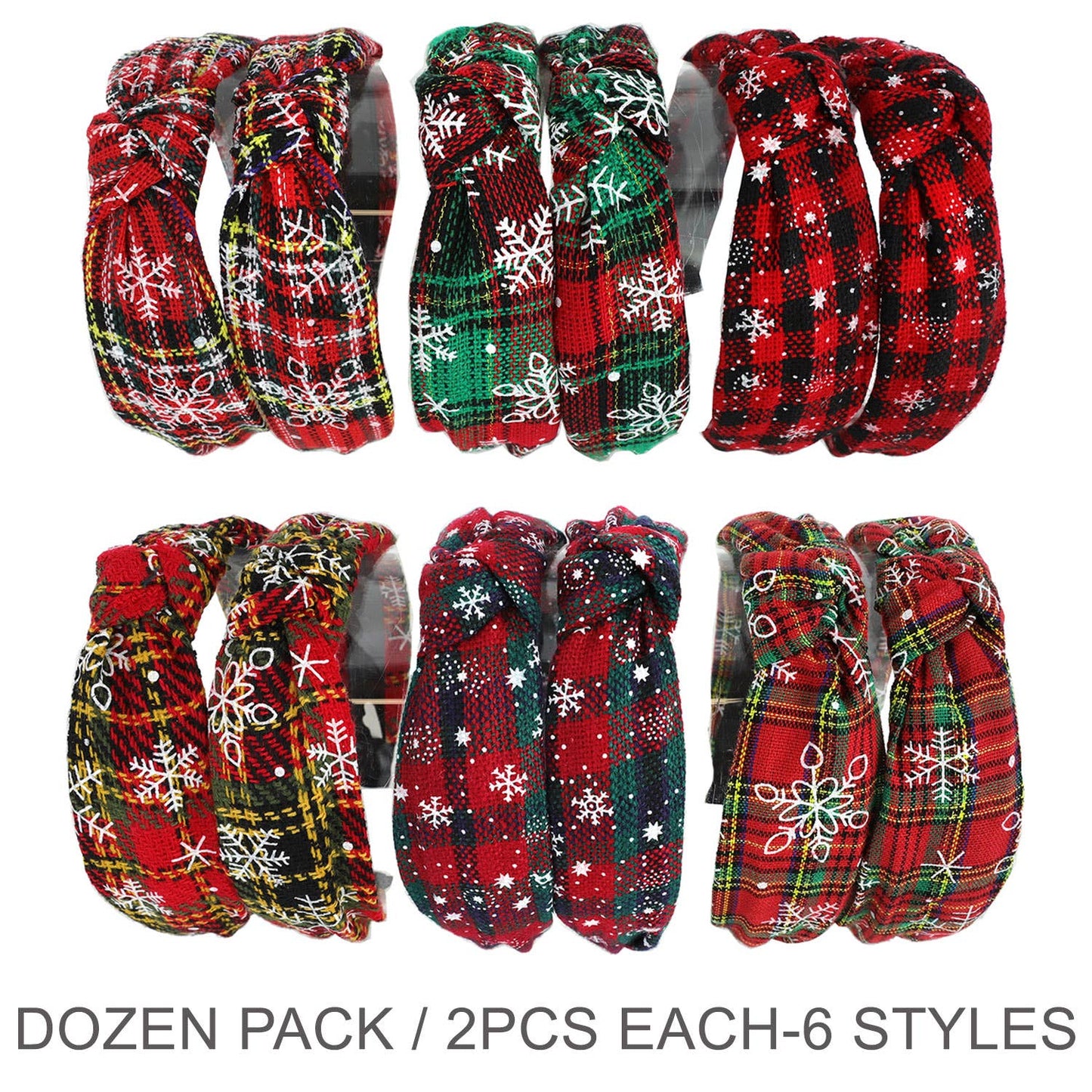 12 Pack Christmas Tartan Print Snowflake Headband