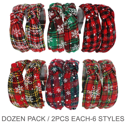 12 Pack Christmas Tartan Print Snowflake Headband