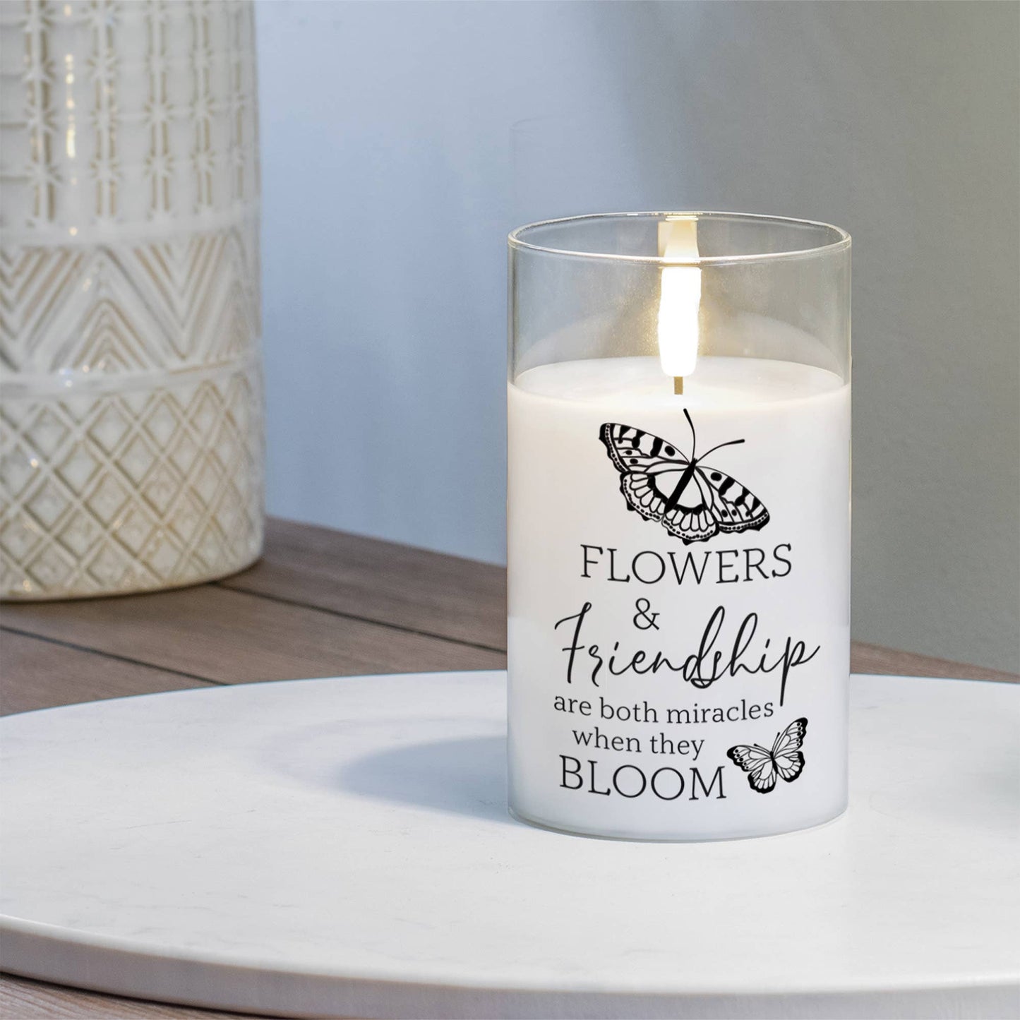 Flowers & Friendship 5in White LED Candle
