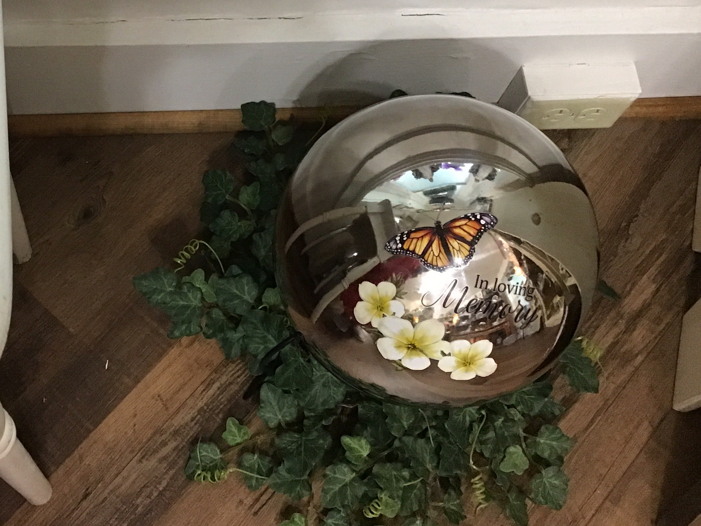 Gazing ball butterfly memorial