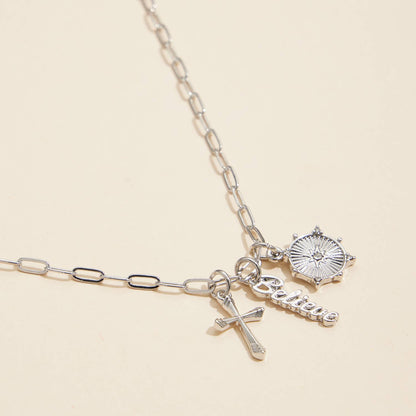 Cross, Believe, and Compass Gold Dipped 18K Charms Necklace