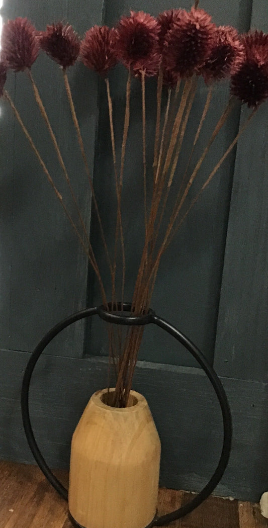 Fall vase wood and metal with burgundy dried flowers total height with flowers 21 inches tall and 10 inches wide