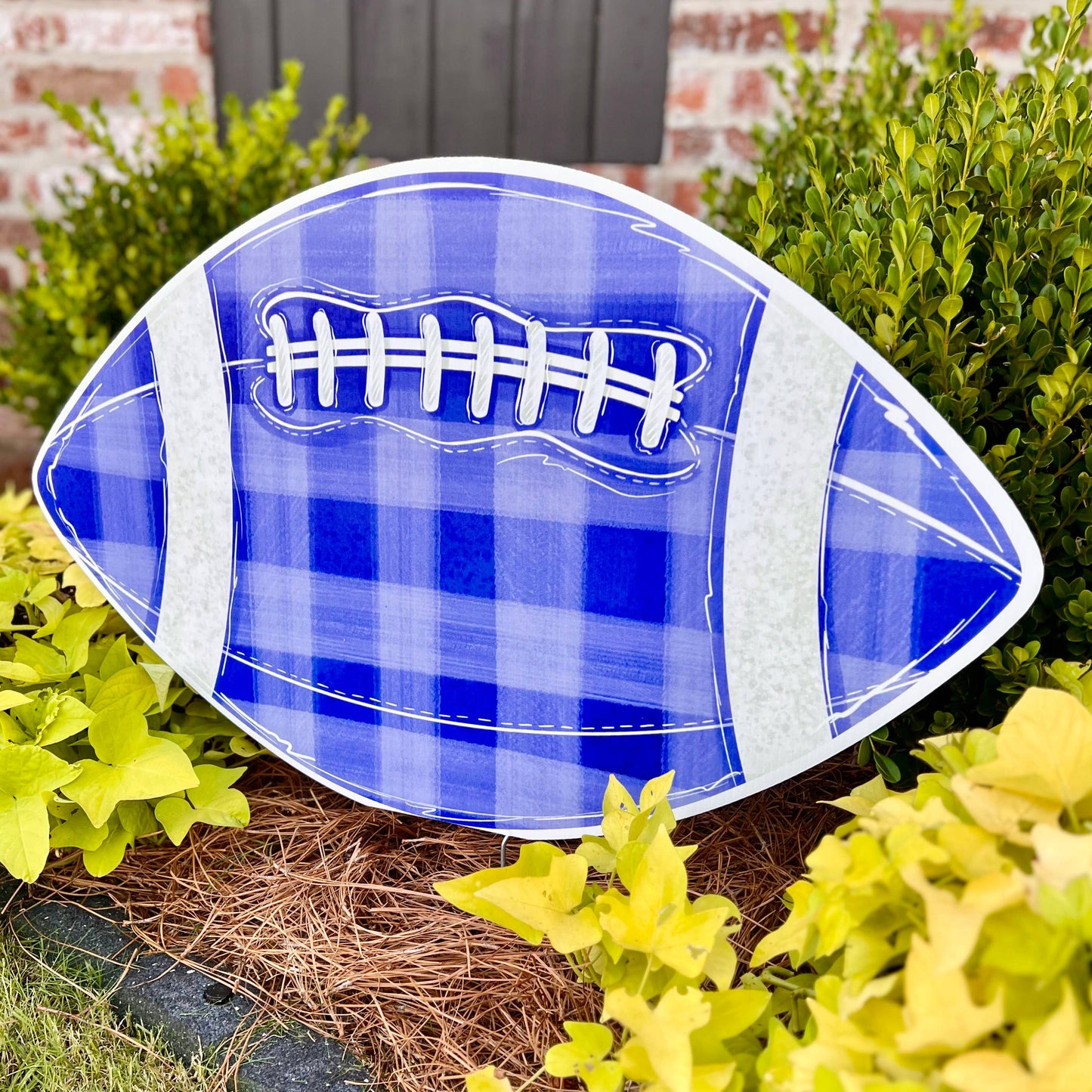 Customizable Blue Gingham Football Garden Stake