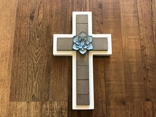 Rustic cross  with blue flower memorial wall hanger