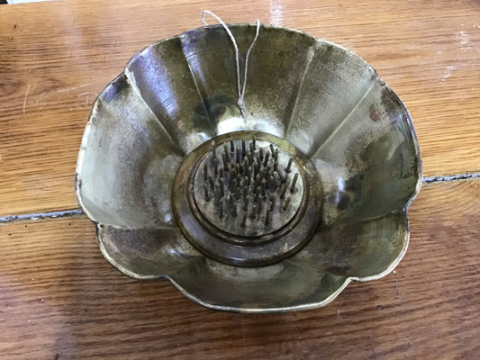 Antique gold bowl with needle point frog 3 and a half inches tall 7 inches wide