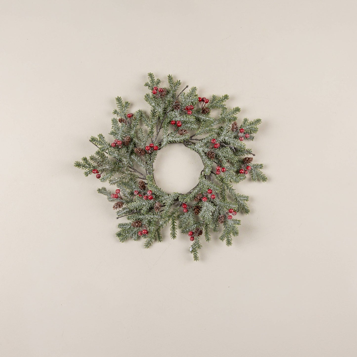 14" ICY PINE W/ BERRIES & PINECONES CANDLE RING