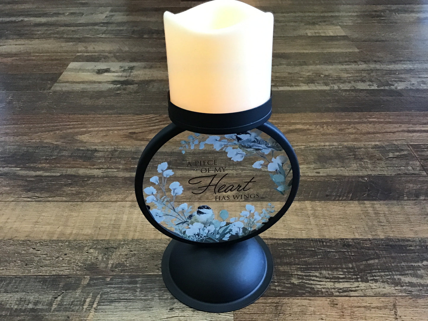 Candle holder memorial heart has wings black metal and glass