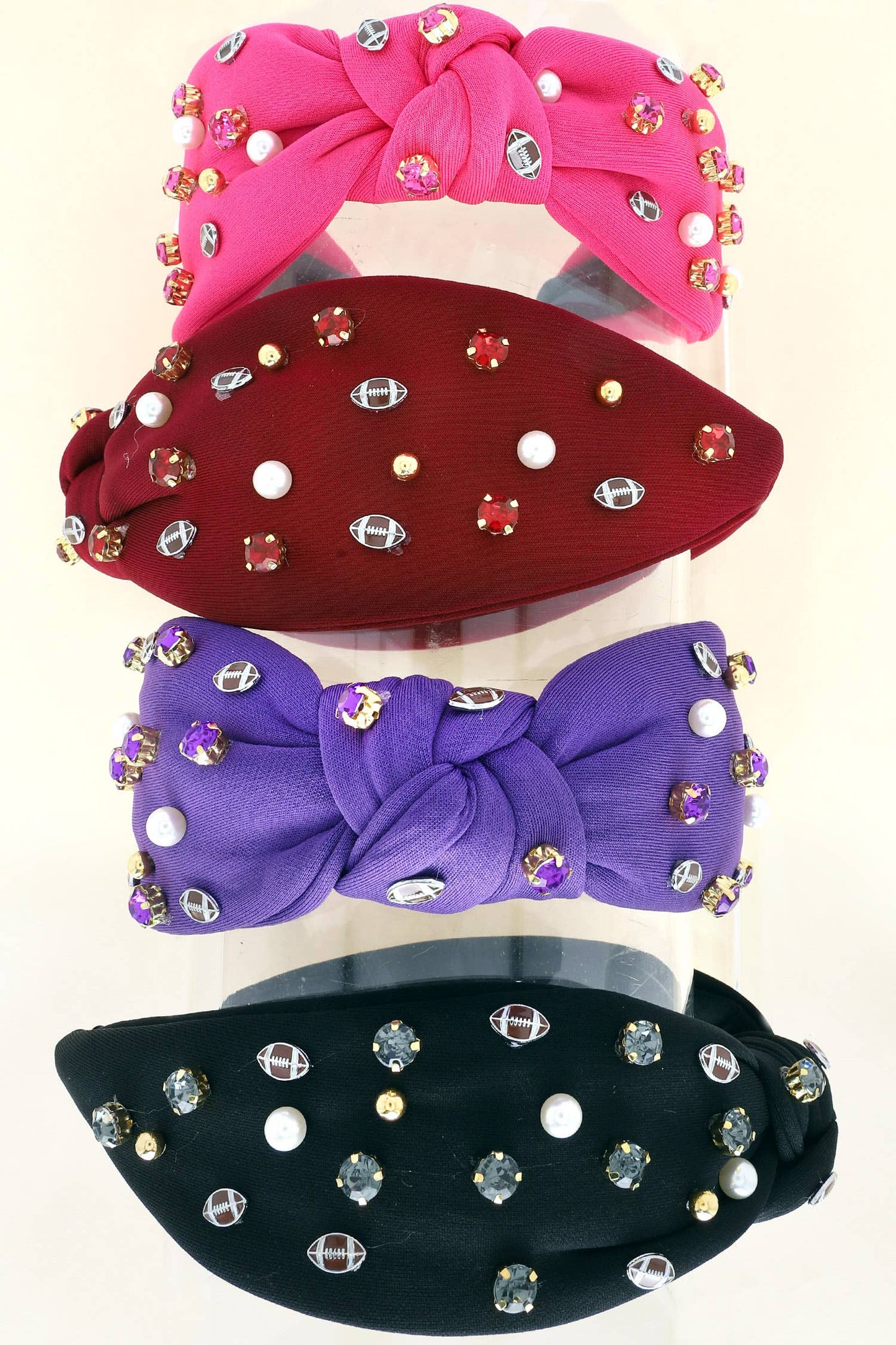 Jeweled & Pearl Beaded w/ Football Charms Knotted Headband