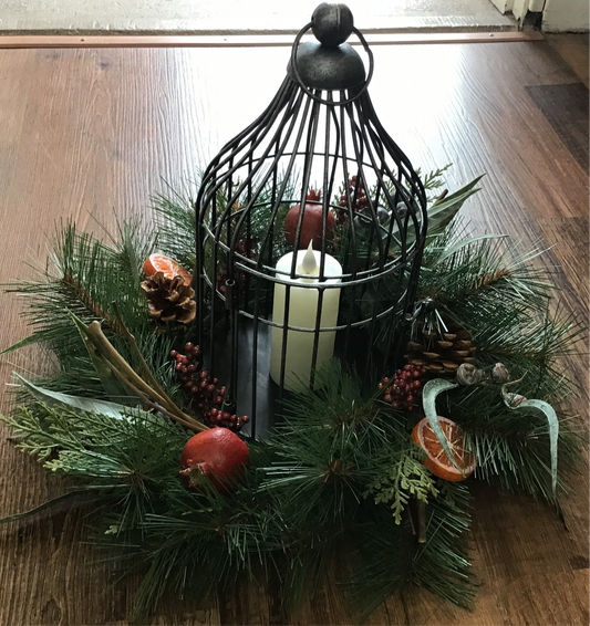 Christmas wreath and lantern center piece