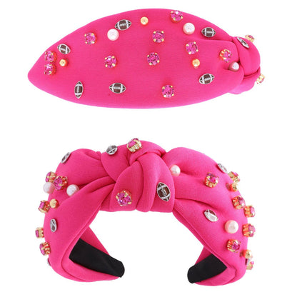 Jeweled & Pearl Beaded w/ Football Charms Knotted Headband