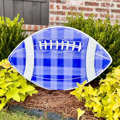 Customizable Blue Gingham Football Garden Stake