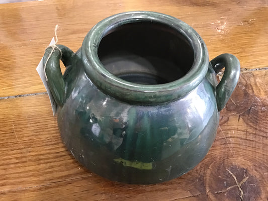 Aged olive dipped gazed pottery kettle vase
