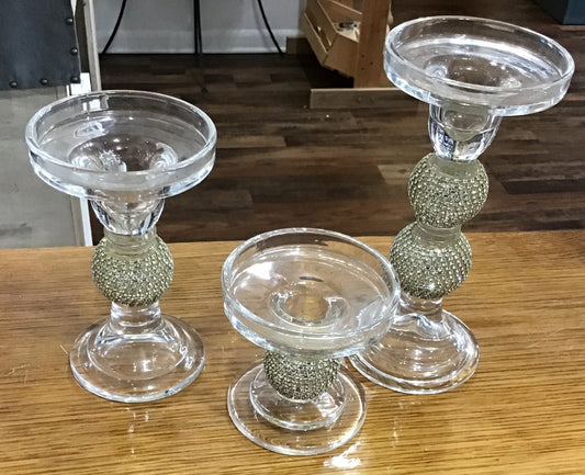 Set of three glass and rhinestone candle sticks  large 7 inches tall medium 6 inches tall small 4 inches tall