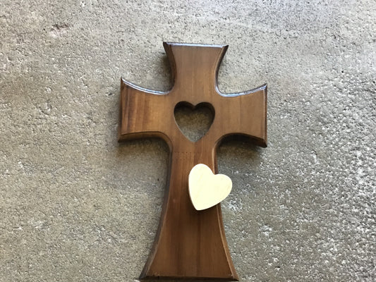 Memorial wood cross removable wood heart 5 inches tall
