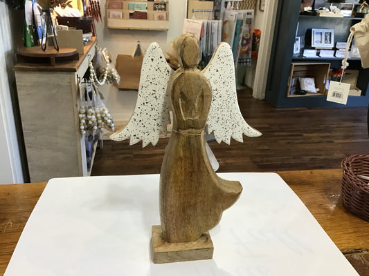 Large wood angel with white glitter wings